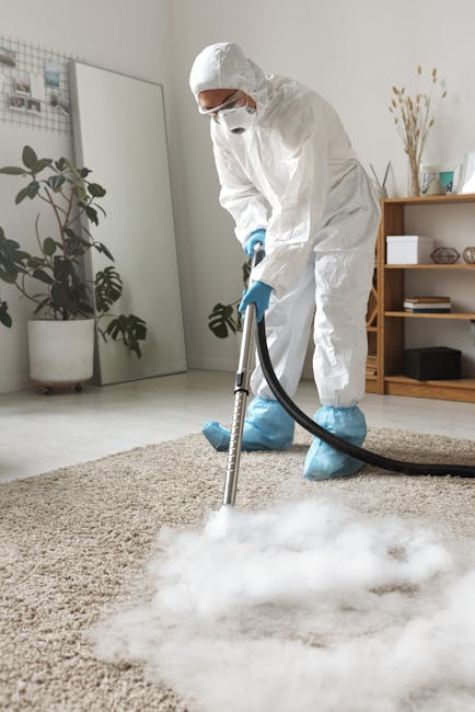 A person performing surface cleaning on a dark grey carpeted floor within a room that appears to be a conference or presentation space, evidenced by the large projection screen overhead. The individua